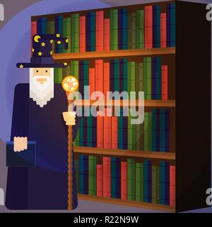 Pixel wise mage with  staff in library . Cool and funny cartoon charachter for games and books. Wizard for print and web Stock Vector