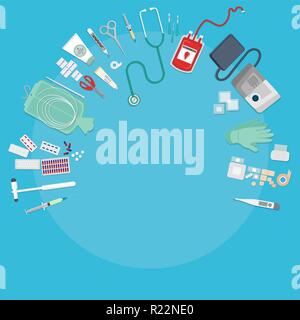 medical equipment flat web and print illustration doctor medical supplies, first aid help , creative concept for medical care vector cartoon Stock Vector