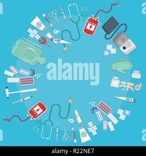 Medical equipment flat web and print illustration doctor medical supplies, first aid help , creative concept for medical care vector cartoon illustrat Stock Vector