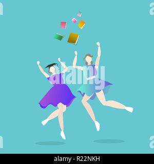 Girls graduated, jumping young woman college , university , creative concept, set speech in final day , girls power cartoon illustration . Stock Vector