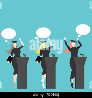 Girls graduated, college , university , creative concept, set  speech in final day , girls power cartoon illustration . Stock Vector