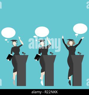 Girls graduated, college , university , creative concept, set  speech in final day , girls power cartoon illustration . Stock Vector