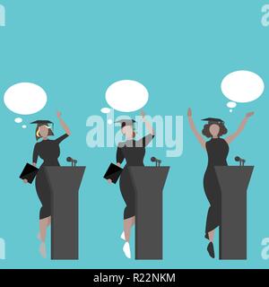 Girls graduated, college , university , creative concept, set  speech in final day , girls power cartoon illustration . Stock Vector