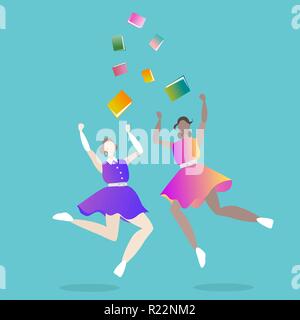 Girls graduated, jumping young woman college , university , creative concept, set speech in final day , girls power cartoon illustration . Stock Vector