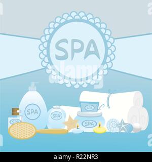 Spa supplies blue background. Cute cartoon template , vector illustration for print/web . Stock Vector