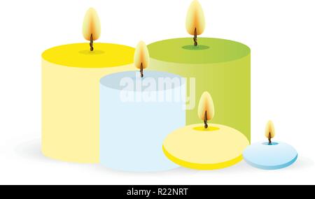 Set of aroma candles for web and print vector illustration glue , green and yellow candles. Stock Vector