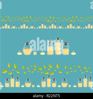 Bottels of aroma oils  for spa and massage masters , nice set of bottels , aromatherapy ornate with leafs. Creative decoration aroma oils. Stock Vector