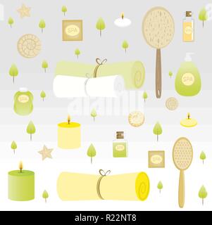 Spa cartoon pattern , green yellow grey background. Stock Vector
