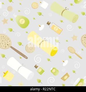 Spa cartoon pattern , green yellow grey background seamless. Stock Vector