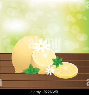 Sliced and full lemons on table with chamomile and mint composition Stock Vector