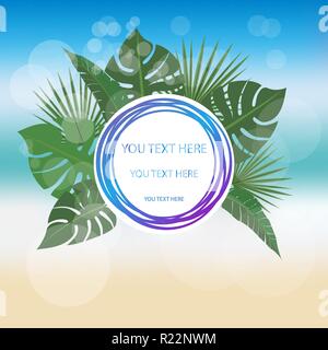 Triangle label on blurred beach background with palm leafs and golden pseudo 3d lines . Elegant background for print and web sales, banners and many m Stock Vector