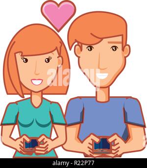young couple with smartphones devices vector illustration design Stock Vector