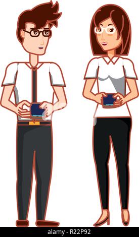 young couple with smartphones devices vector illustration design Stock Vector