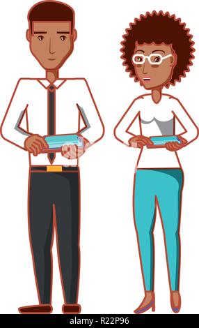 young couple with smartphones devices vector illustration design Stock Vector