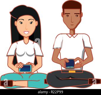 couple sitting with smartphones devices vector illustration design Stock Vector