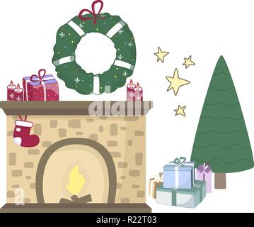 Home fireplace to paste in the interior of the house. Prize box, Spruce and Wreath. Vector illustration isolated on white background eps10 Stock Vector