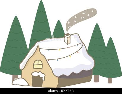 Small wood house in forest spruce. Winter. Christmas and New Year Flat Icon On White Background Stock Vector