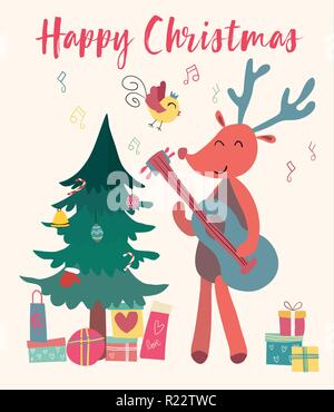 Christmas card  reindeer plays guitar Stock Vector