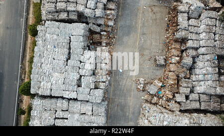 Plastic bottles,compressed into bales and ready for recycling aerial view Stock Photo