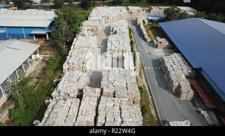 Plastic bottles,compressed into bales and ready for recycling aerial view Stock Photo
