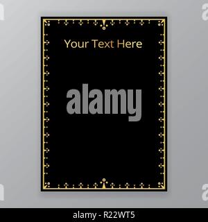 Golden black simplified, classic ornate in arabic style template. In A4 page  format.  Art deco and art nuvo, floral motive luxury backgorund for web  Stock Vector