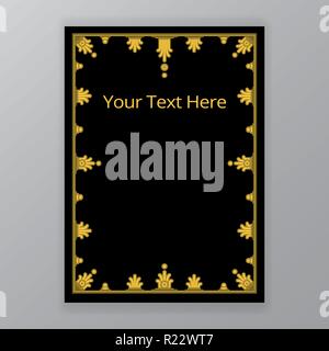 Golden black simplified, classic ornate in arabic style template. In A4 page format. Art deco and art nouveau, floral motif luxury background for web  Stock Vector