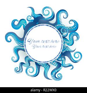 Blue tentacles round frame , ocean motive flat cartoon illustration for web and print, cute decoration. Stock Vector