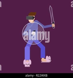 Male at home in pajamas in vr glasses playing rpg game in three dimensional reality, with gladius sword and shield , vector illustration for web and p Stock Vector
