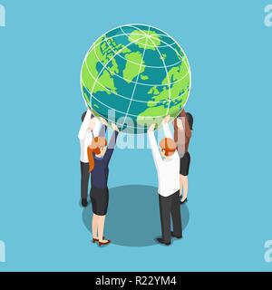 Flat 3d isometric business team holding world over their head. Teamwork and worldwide business concept. Stock Vector