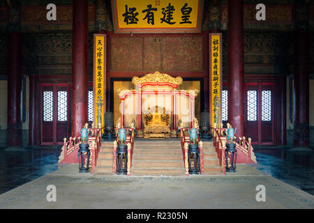 Chinese king's throne in Hall of Central Harmony at Beijing Forbidden City in Beijing, China. Stock Photo