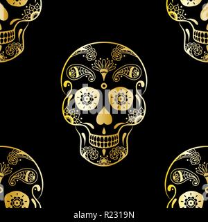 Vector seamless pattern of golden sugar skull with doodle floral elements on black background. Background for Mexican Day of the Dead Stock Vector