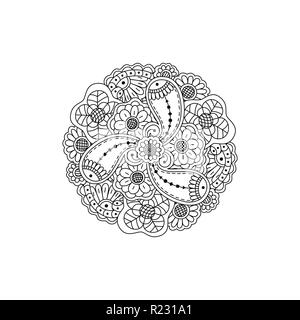 Vector decorative black floral mandala, patterned design element. Coloring book page anti stress for adults. Stock Vector