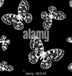Vector seamless pattern of white hand drawn butterfly on black background. Parnassius apollo background Stock Vector