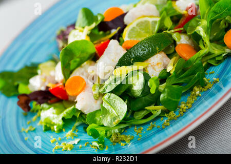 Delicious salad with marinated hake. Recipe: marinate 200g of sliced hake fillet in lime juice and black pepper. Serve with lettuce, carrots, limes sl Stock Photo
