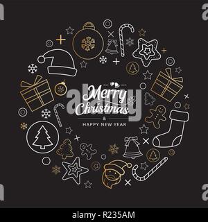 Christmas icons wreath circle in dark background. Use for element, greeting card, poster. Stock Vector