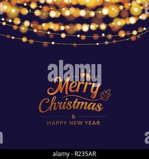 Christmas greeting card with bokeh lights and text in dark background. Vector illustration for holiday and a happy new year. Stock Vector