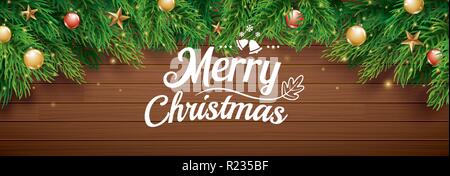 Christmas greeting card with fir tree on wooden background. Xmas and happy new year for banner, cover. Stock Vector