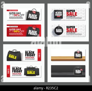 Set of black friday sale shopping bag cover and web banner design template. Use for poster, flyer, discount, shopping, promotion, advertising. Stock Vector