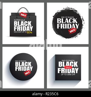 Set of black friday sale abstract banner with white text on object and symbol. Use for discount, shopping, promotion, advertising. Stock Vector