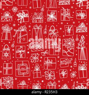 Christmas presents on red background. Seamless pattern. Hand drawn cartoon gift boxes in various shapes. Vector illustration . Stock Vector