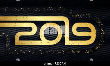 Happy New Year 2019 holiday metal banner. Abstract black and gold brushed metallic numbers with grunge golden dust overlay texture Stock Vector