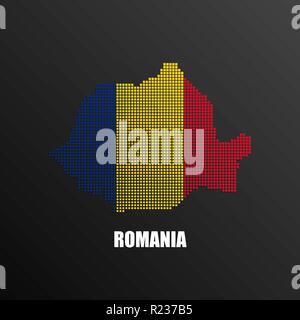 Vector illustration of abstract halftone map of Romania made of square pixels with Romanian national flag colors for your graphic and web design Stock Vector