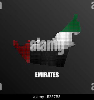 Vector illustration of abstract halftone map of United Arab Emirates made of square pixels with UAE national flag colors for your design Stock Vector