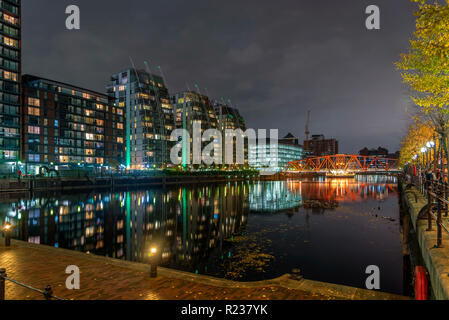 Salford Quays Media city at night. Luxury apartments. Stock Photo