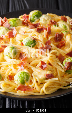 Cheesy Spaghetti, bacon, and Brussels sprouts covered in melting cheese closeup on the plate. Vertical Stock Photo