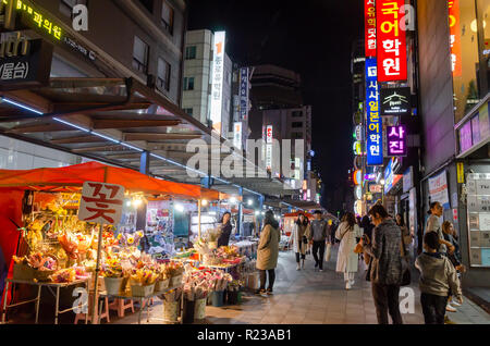 A street market in Seoul, South Korea at night. Stock Photo