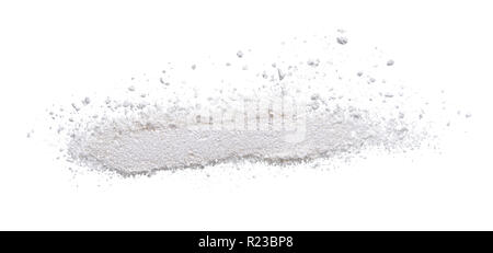 Texture of broken pearl white eye shadow isolated on white background. Macro texture of broken white powder Stock Photo