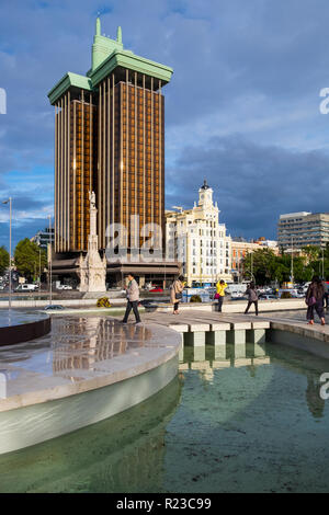 Columbus Towers, Torres de Colón, the plug, el enchufe, highrise office building composed of twin towers at the Plaza de Colón in Madrid, Spain. Const Stock Photo