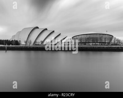 Glasgow, Scotland, UK - November 6, 2018: Clouds blow across the modern architecture of the Armadillo Auditorium and SSE Hydro Arena on the banks of t Stock Photo