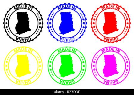 Made in Ghana - rubber stamp - vector, Ghana map pattern - black, blue, green, yellow, purple and red Stock Vector